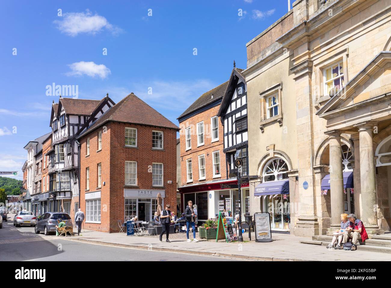 Ludlow shropshire Ludlow Museum in the old Buttercross building and shops and cafes on the High street Ludlow Shropshire England UK GB Europe Stock Photo