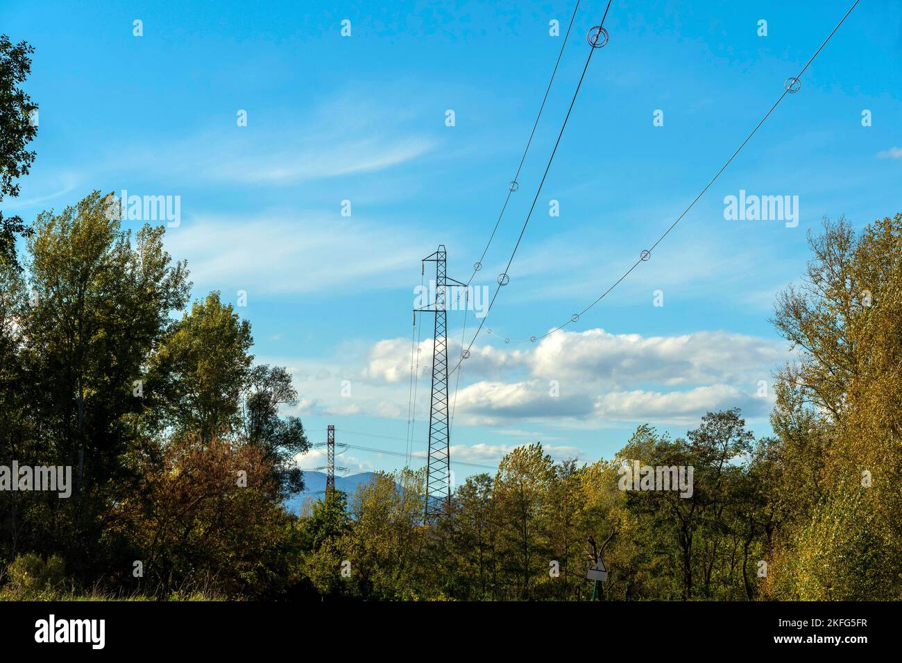 High voltage lines, Puy de Dome department, Auvergne Rhone Alpes, France, Europe Stock Photo