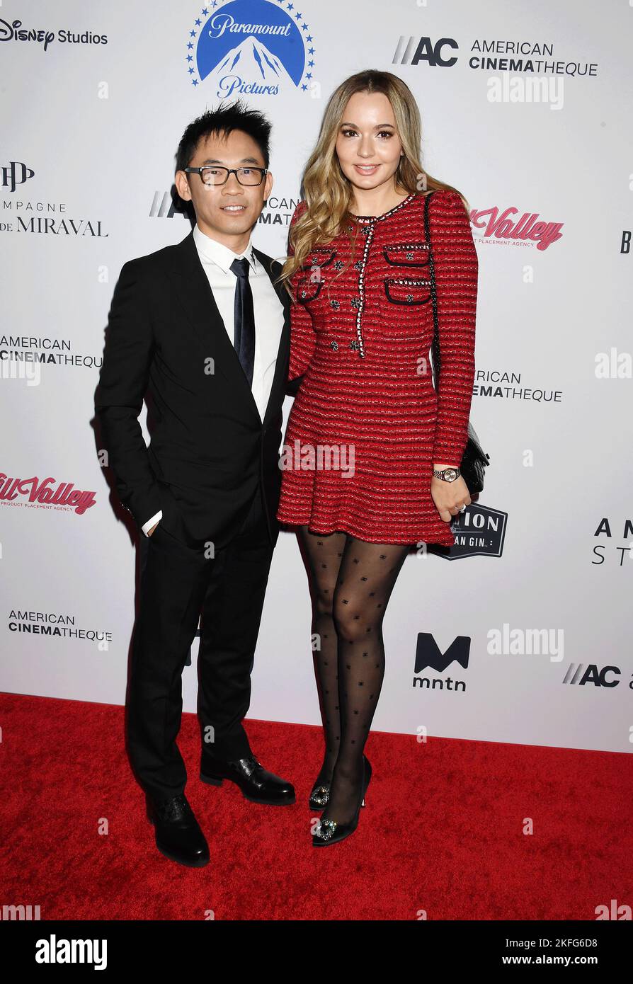 BEVERLY HILLS, CALIFORNIA - NOVEMBER 17: (L-R) James Wan and Ingrid Bisu attend the 36th Annual American Cinematheque Award Ceremony honoring Ryan Rey Stock Photo