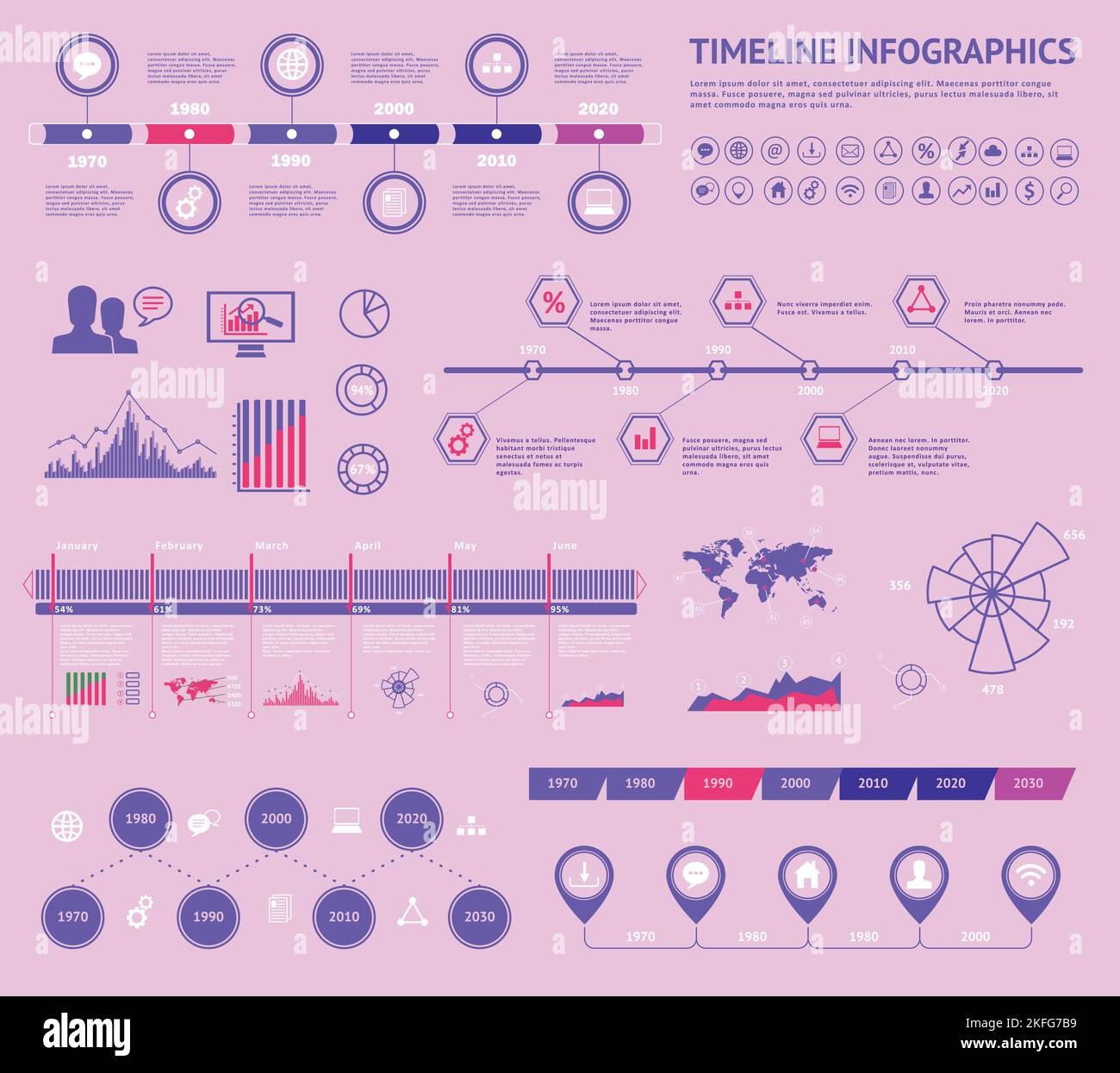 set-of-timeline-infographic-with-diagrams-and-text-vector-concept