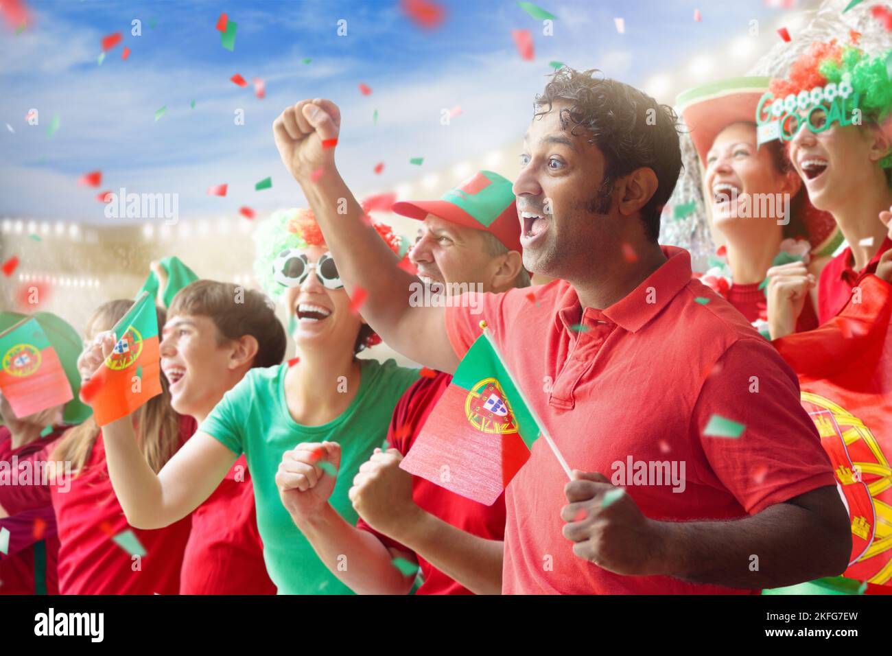 Portugal football supporter on stadium. Portuguese fans on soccer pitch watching team play