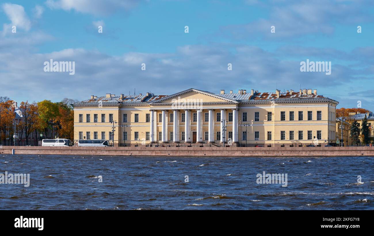 The building of the Petersburg Academy of Sciences on Universitetskaya Embankment, architect Quarenghi, 1783-1789, landmark: St. Petersburg, Russia - Stock Photo
