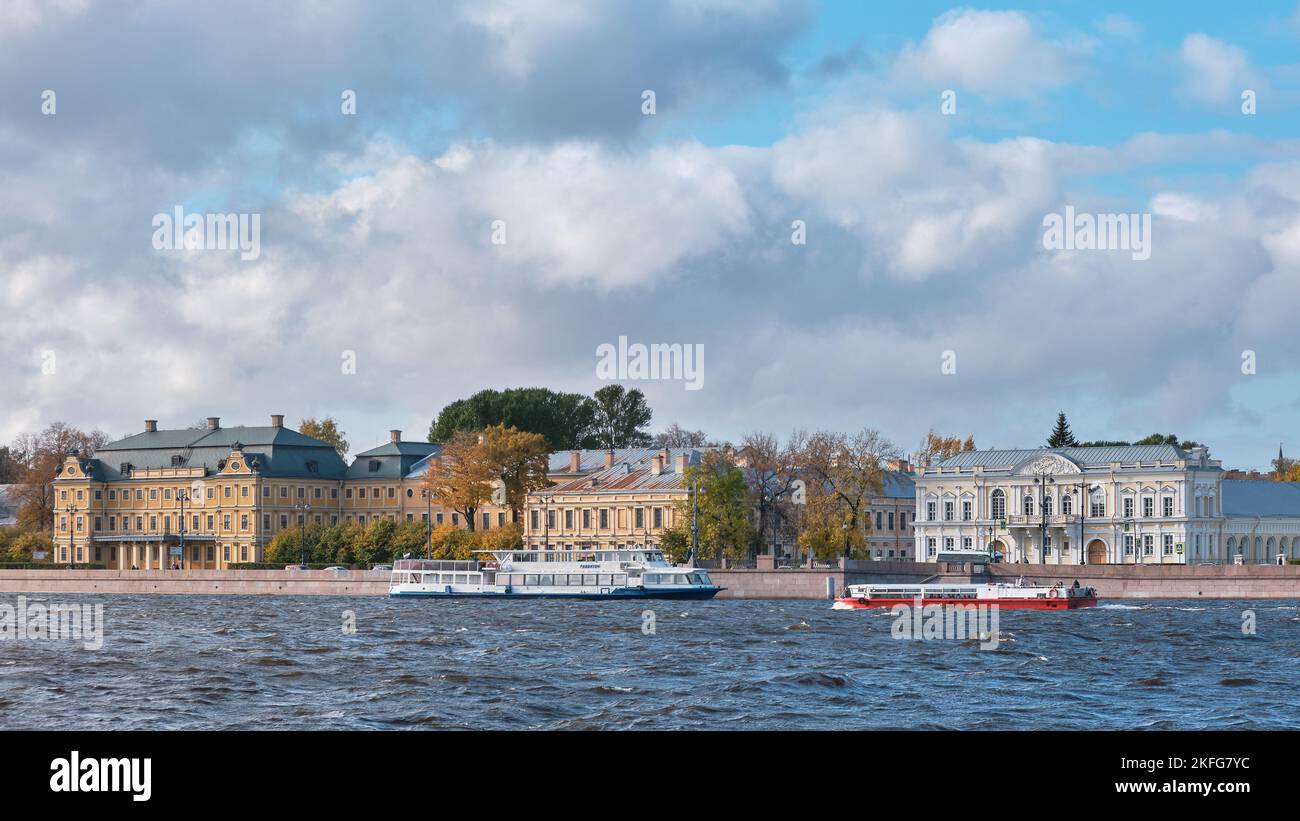 View of the Cadet Corps Manege, 1756-1759, and the Menshikov Palace, 1710-1720, Universitetskaya Embankment, Landmark: St. Petersburg, Russia - 07 Oct Stock Photo