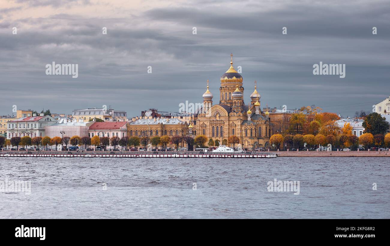 Cityscape, view of the Church of the Assumption of the Blessed Virgin Mary on Vasilievsky Island, 1895-1897, landmark: St. Petersburg, Russia - Octobe Stock Photo
