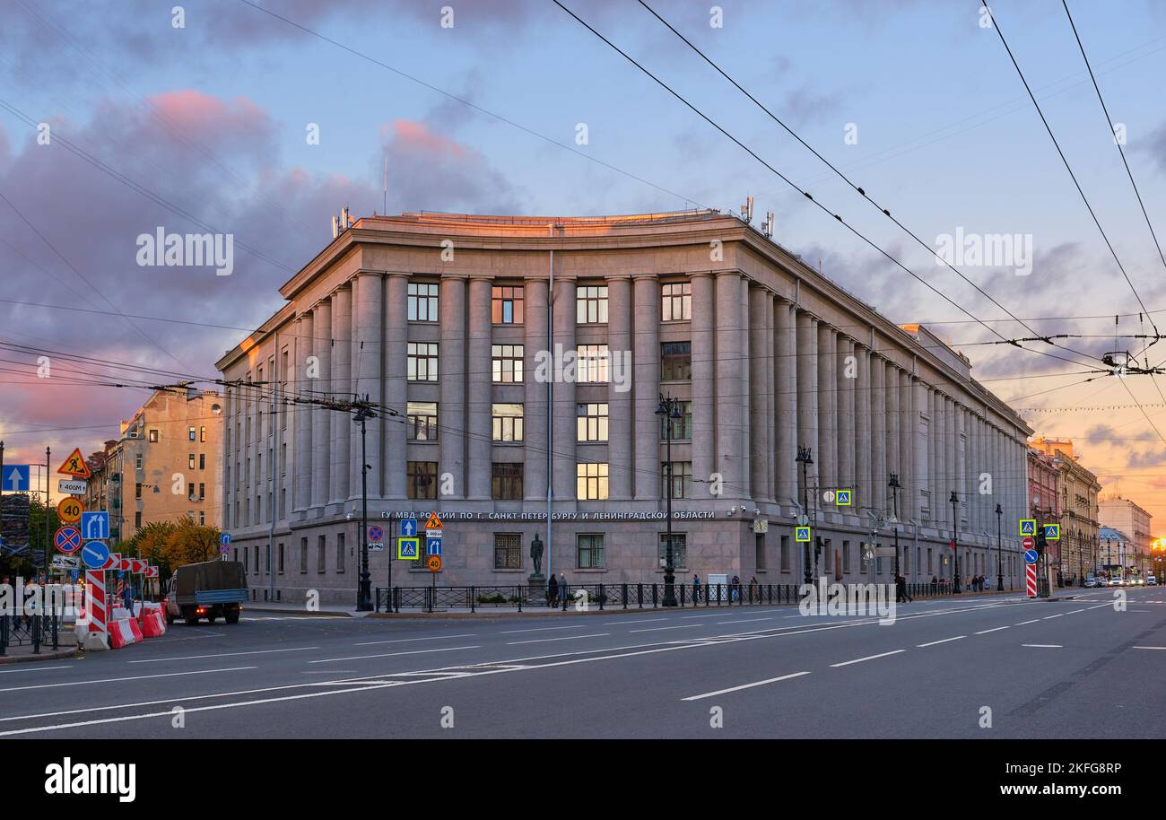 Evening view of the former building of the S.M. Kirov Academy of Light Industry, 1933-1938, now the Russian Interior Ministry Main Department in St. P Stock Photo