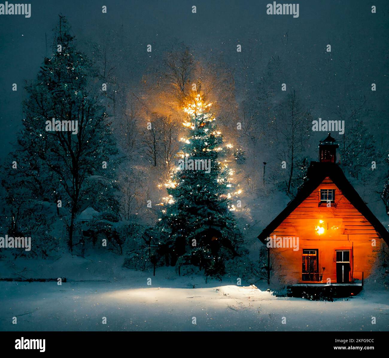 Christmas tree and glowing tiny house in winter forest at night Stock ...