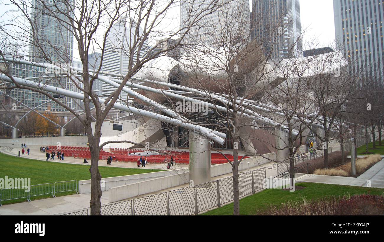 CHICAGO, ILLINOIS, UNITED STATES - Dec 12, 2015: View of the Jay Pritzker Pavilion in downtown Chicago on an drizzly winter day Stock Photo