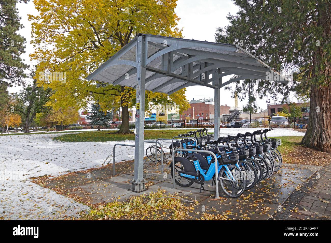A rack of electric rental bikes in the downtown area of Bend, Oregon. The bikes have become very popular with both visitors and locals. Stock Photo