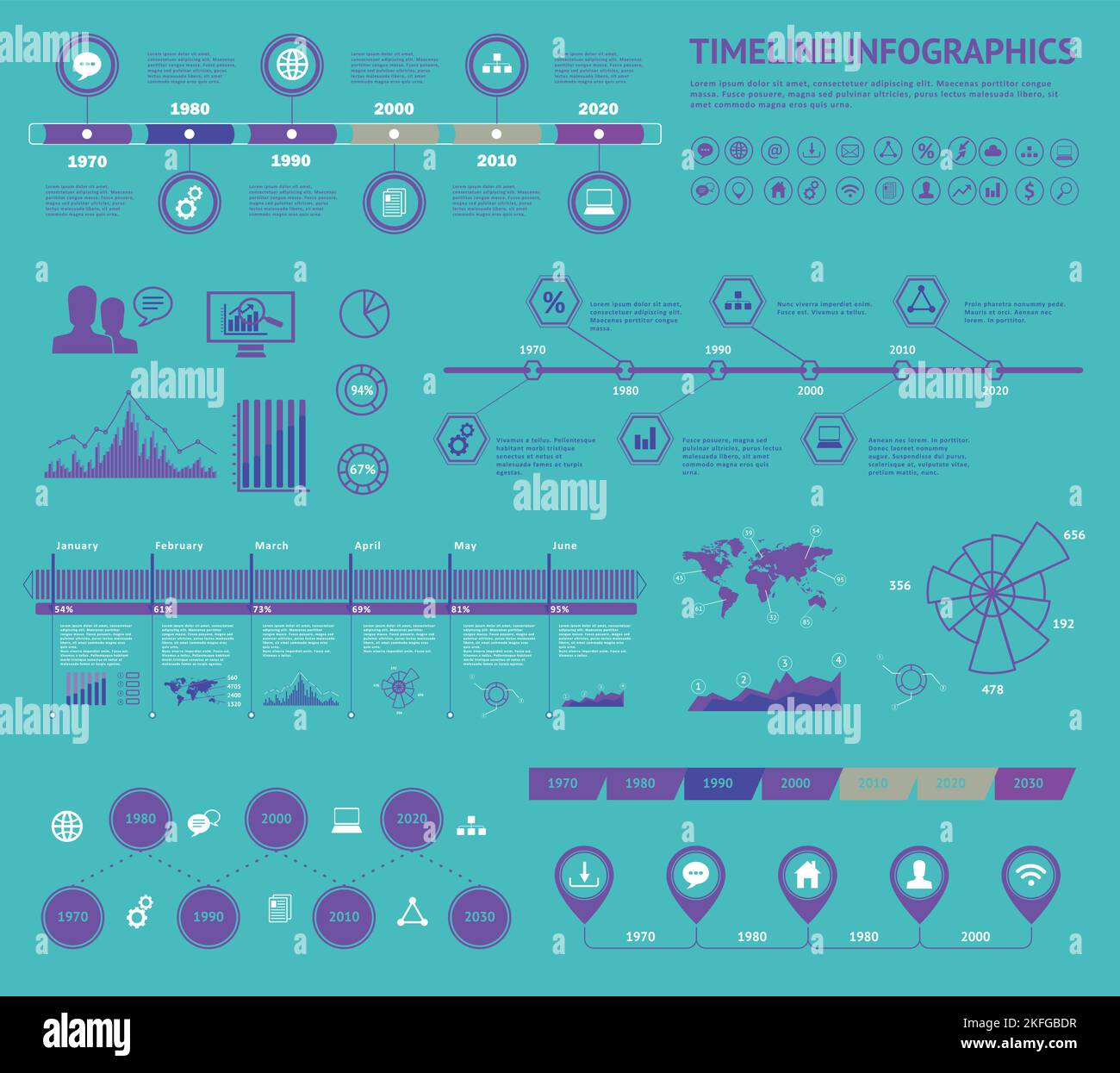 set-of-timeline-infographic-with-diagrams-and-text-vector-concept