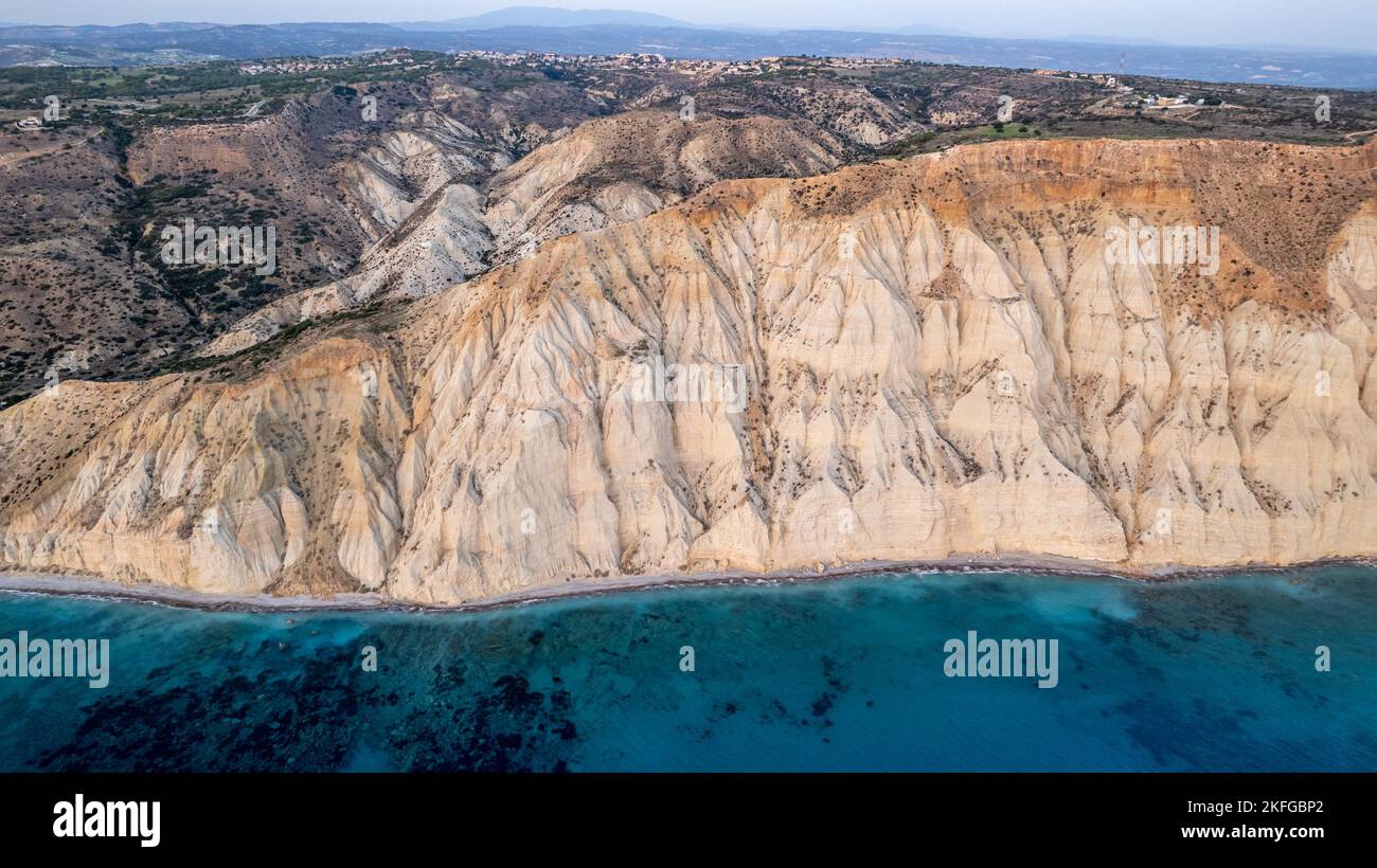 Cape Aspro cliffs aerial panorama from drone, Limassol, Cyprus Stock Photo