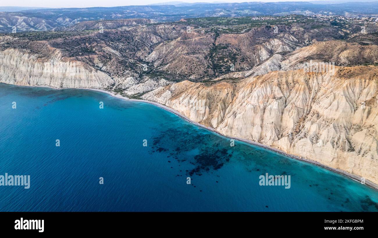 Cape Aspro cliffs aerial panorama from drone, Limassol, Cyprus Stock Photo