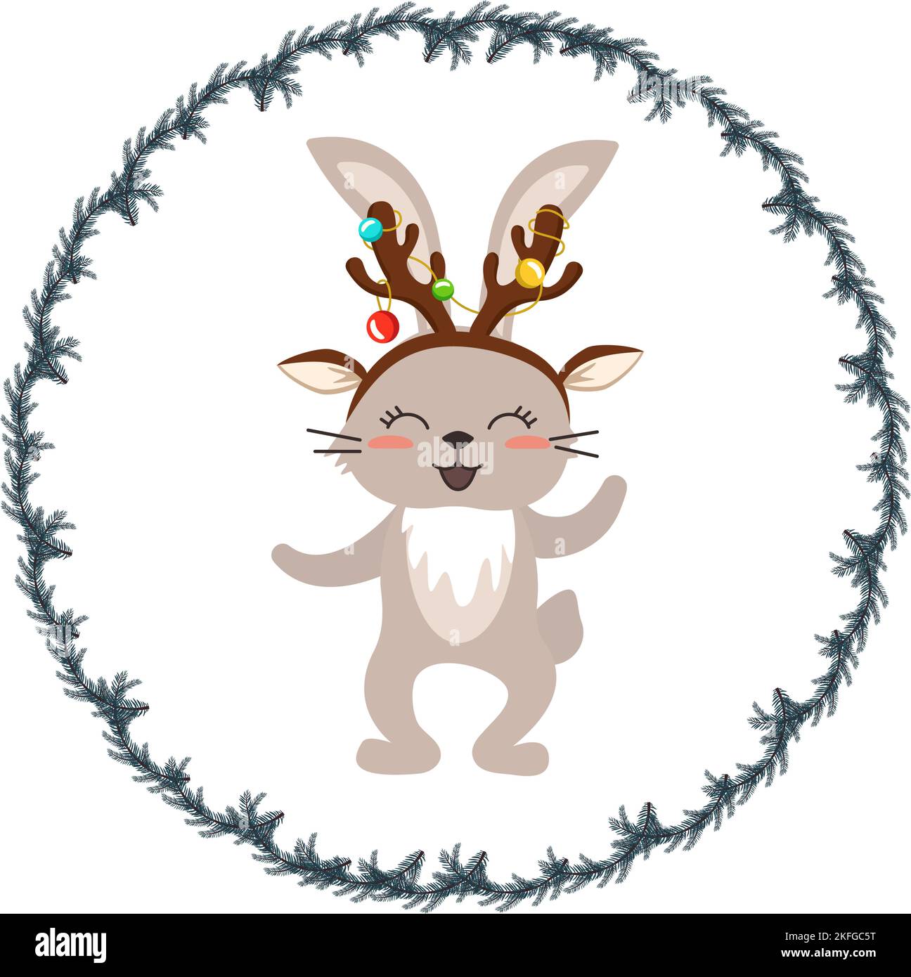 Gift card with cute rabbit or hare and Christmas tree wreath. Festive