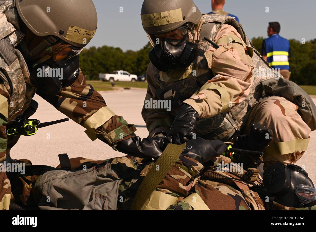 U.S. Air Force Airmen from the 509th Medical Group respond to a simulated injury during a CBRN exercise at Whiteman Air Force Base, Missouri, September 15, 2022. Airmen from the 509th Medical Group participated to strengthen their knowledge. Stock Photo