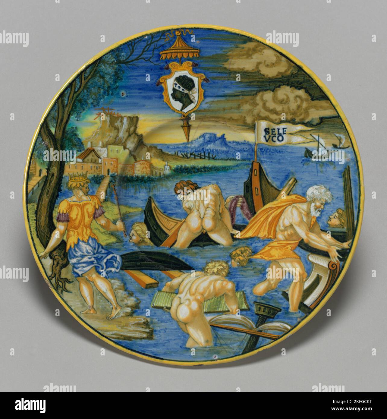 Plate with the sinking of the fleet of Seleucus (from the Pucci Service), 1532. Stock Photo