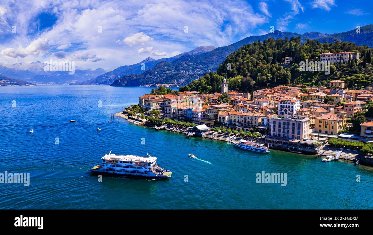 One of the most beautiful lakes of Italy - Lago di Como. aerial panoramic view of beautiful Bellagio village and ferryboat.  popular tourist destinati Stock Photo