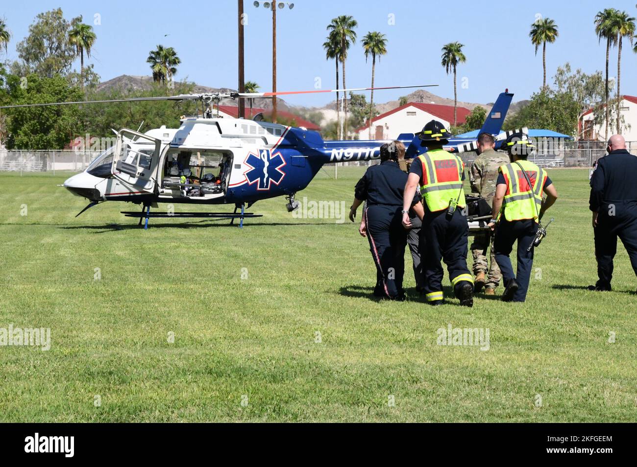 While the Yuma Proving Ground (YPG) Police Department blocked off street access, CareFlight flew on to Cox Field to transport the patient to the hospital. CareFlight is not part of the installation yet responds to the call at YPG. Stock Photo