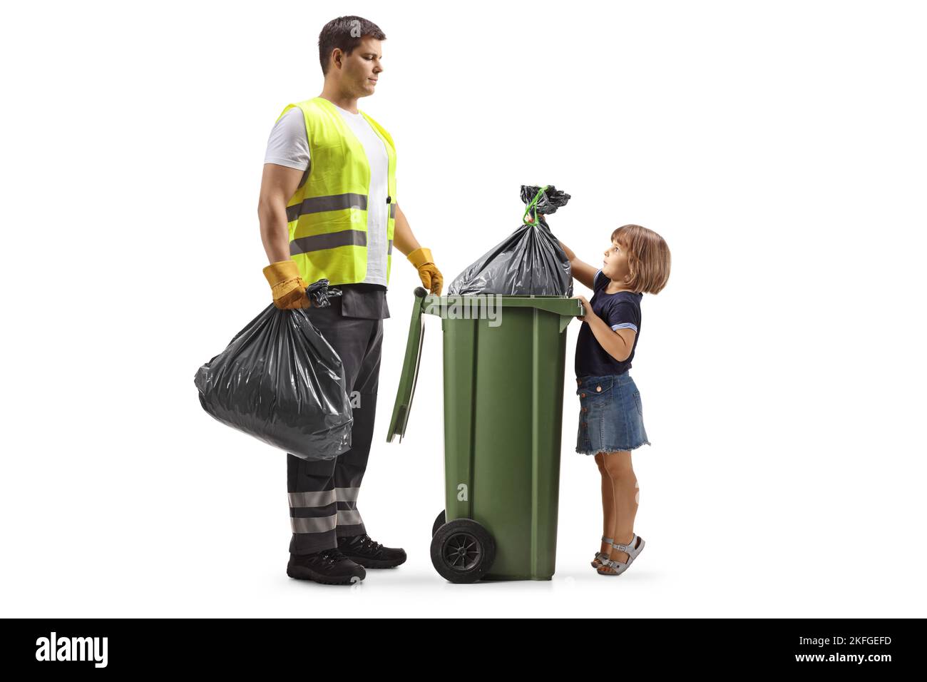 Waste collector with a dustbin and a little girl throwing a bag isolated on white background Stock Photo