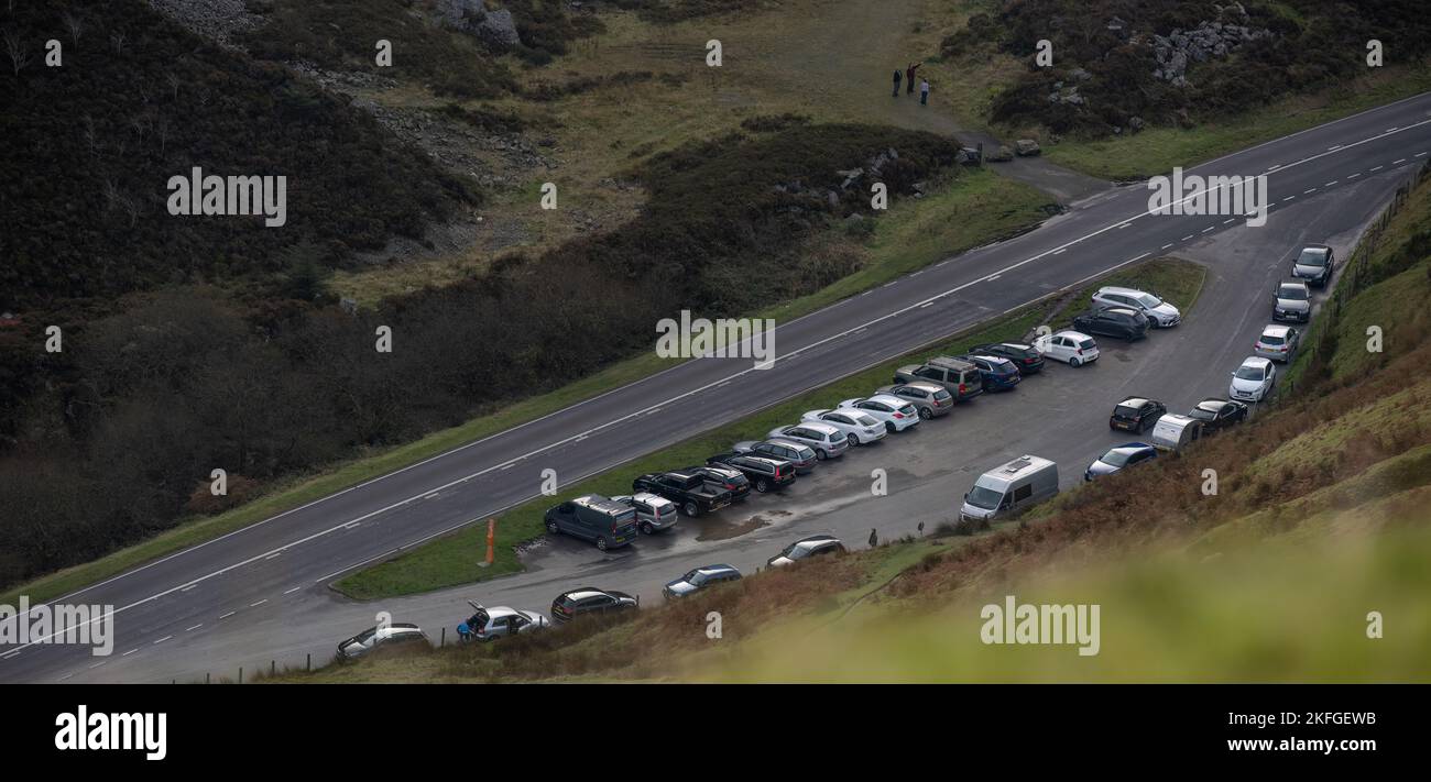Picture of cars parked up in the car park next to Cad East and Cad West on the Mach Loop military low level flying area. Stock Photo