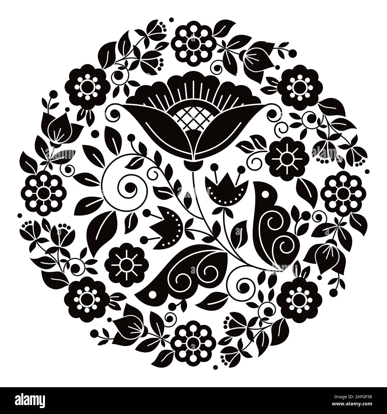 Scandinavian folk art vector floral mandala black and white design pattern in frame inspired by the traditional embroidery from Sweden, Norway and Den Stock Vector