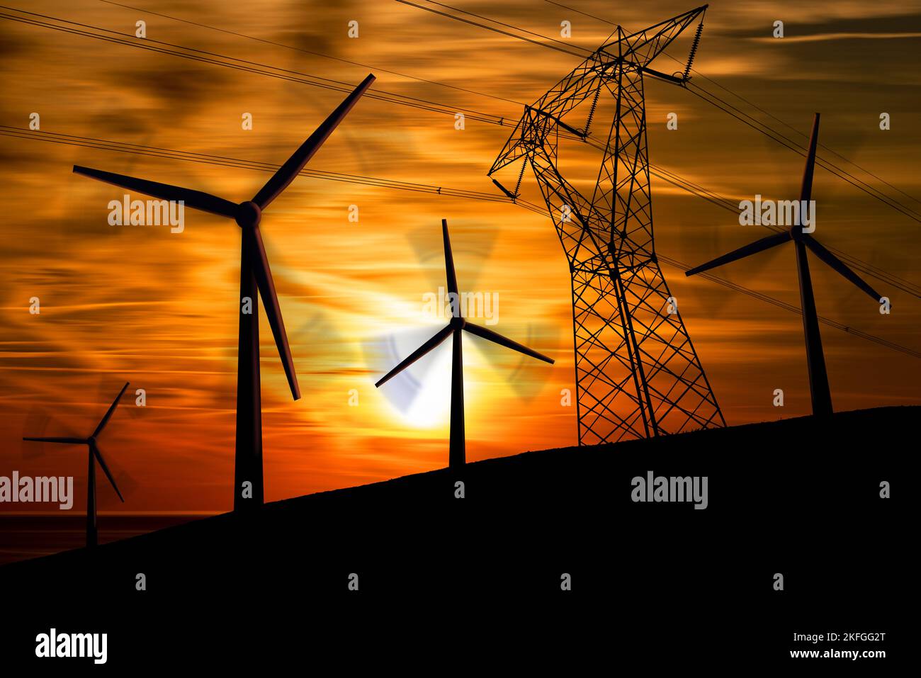 Group of wind turbines and a high voltage tower, power line with electric cables and insulators against a beautiful sky at sunset with clouds. Stock Photo