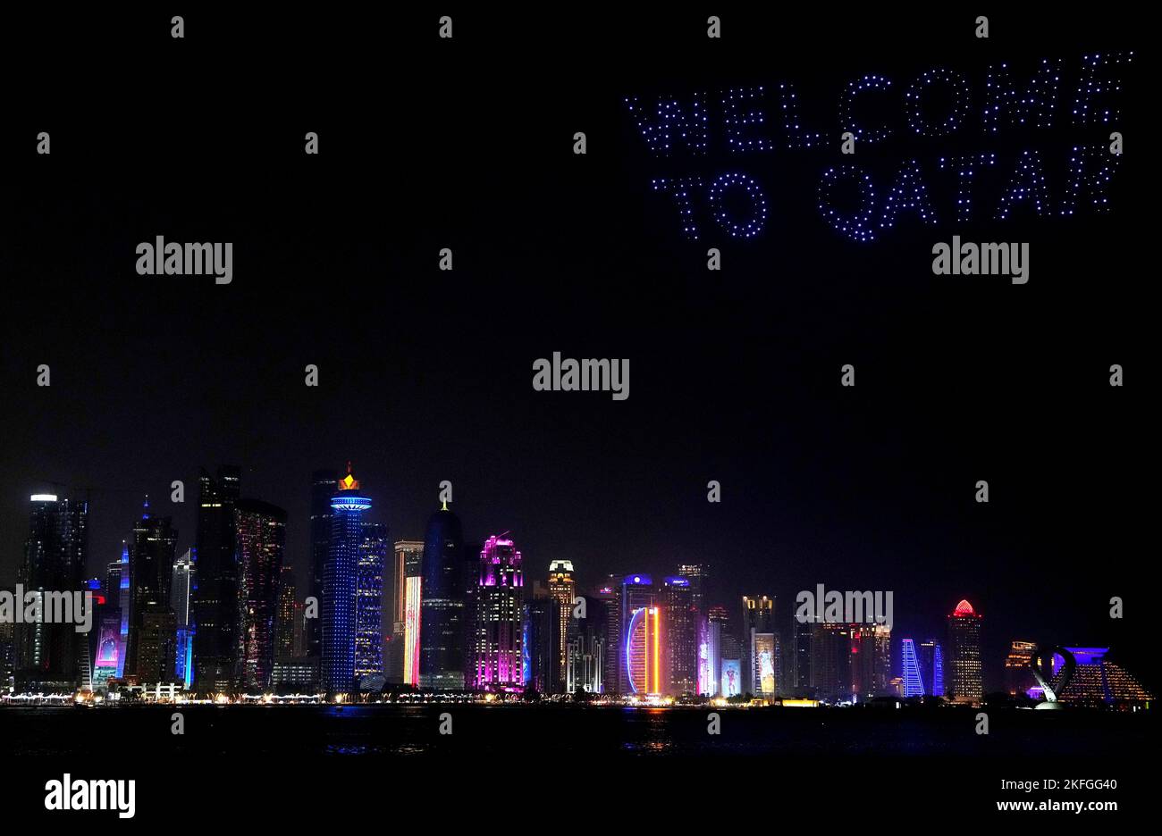 A drone show saying 'Welcome To Qatar' is displayed over Doha ahead of ...
