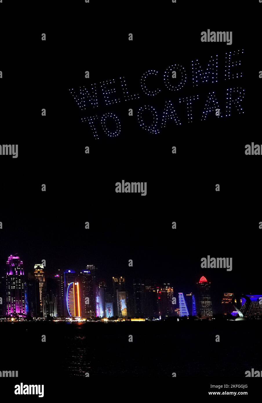 A drone show saying 'Welcome To Qatar' is displayed over Doha ahead of ...