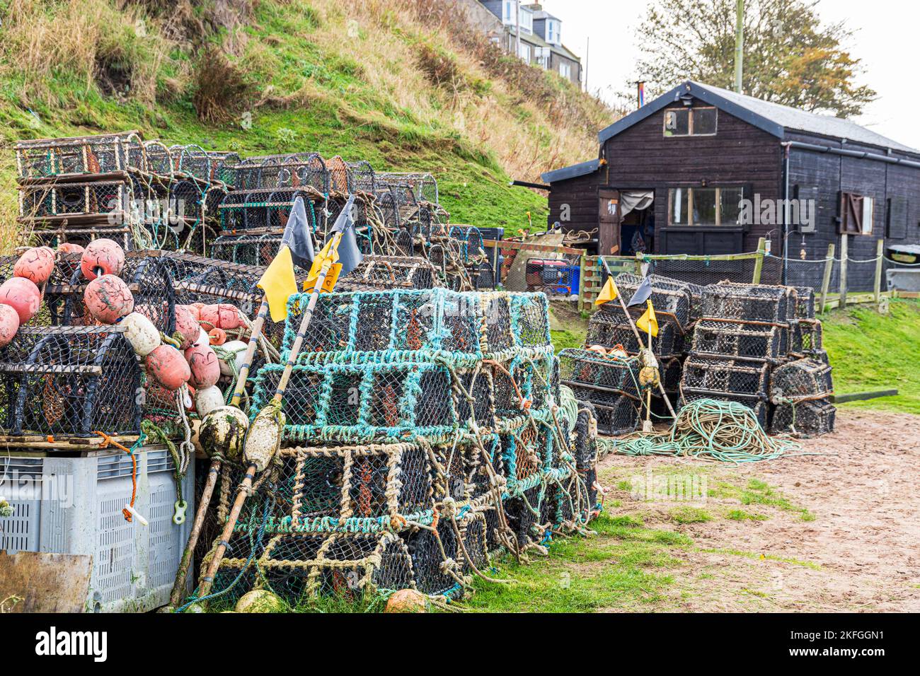 Lobster pots and crab pots beside a fisherman's shack at Ferryden