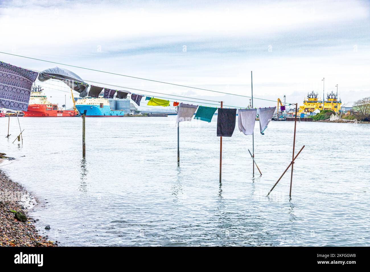 Washing hung out to dry on a line on a pulley system over the River South Esk at Ferryden, Montrose, Angus, Scotland UK Stock Photo