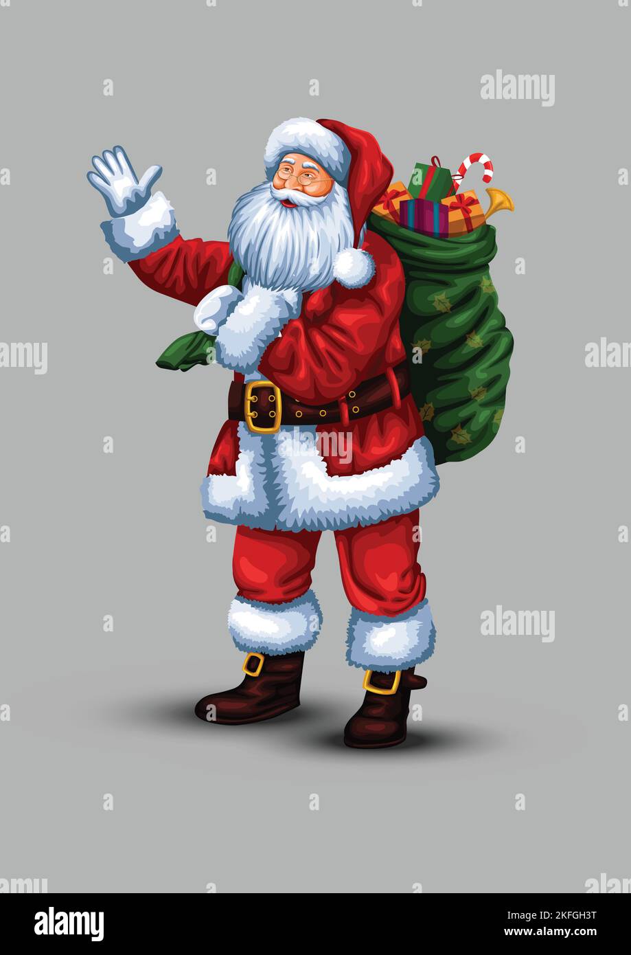Merry Christmas poster. Santa Claus with big bag. Vector illustration. Stock Vector