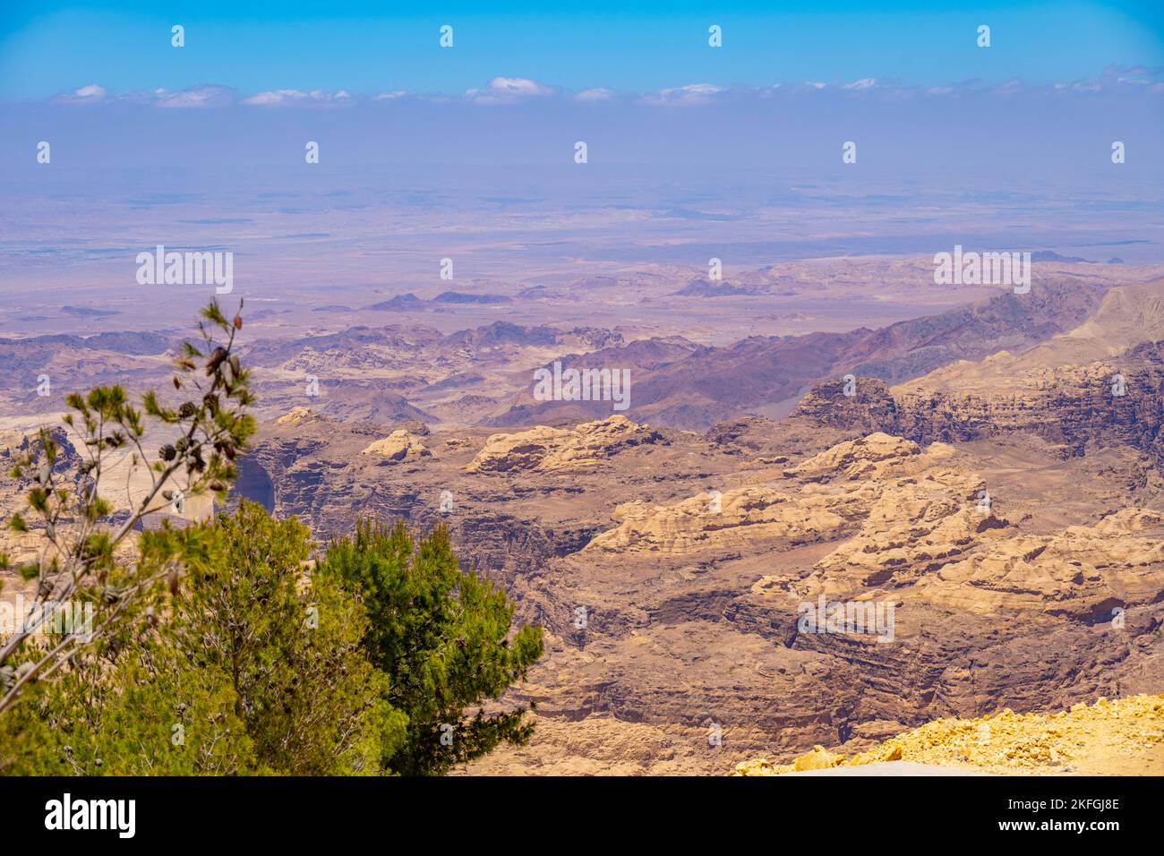 The view over the Jordan Rift Valley towards Isreal from The Petra Viewpoint on The Kings Highway in Jordan Stock Photo
