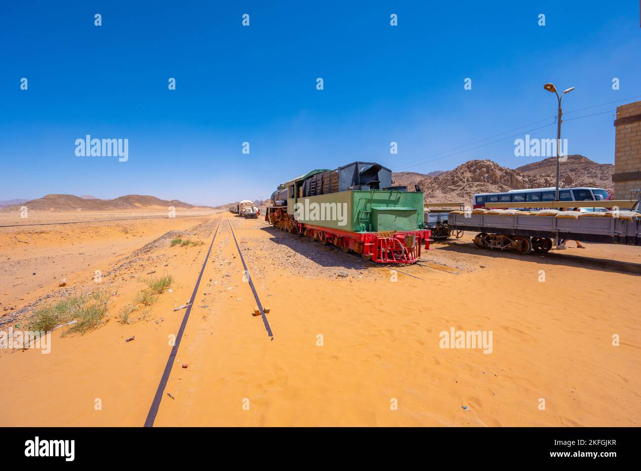 Hejaz Railway Train at Wadi Rum Train Station in Wadi Rum Jordan Stock Photo