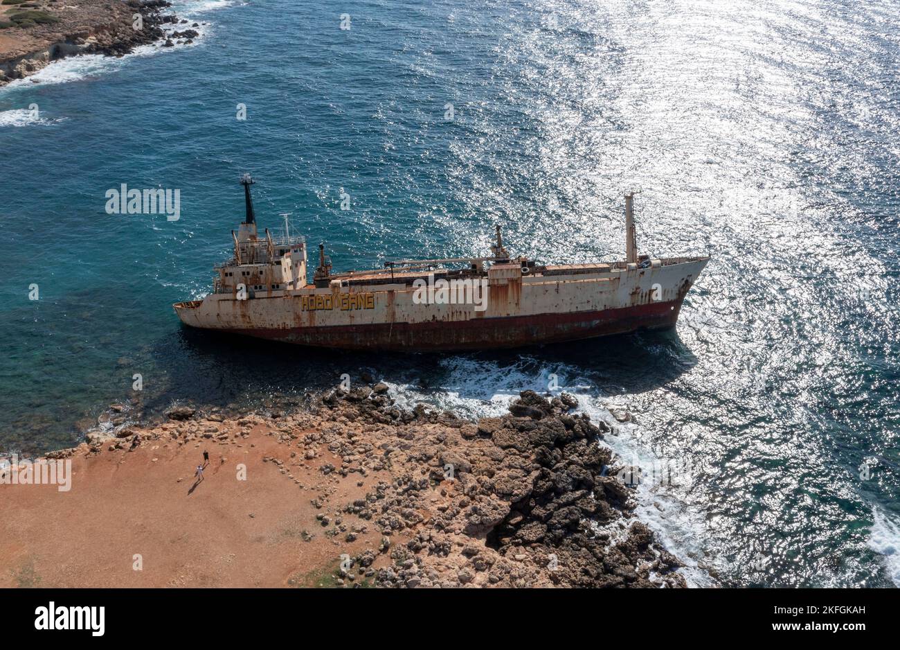 Aerial view of the Edro 111 shipwreck on the rocks near Peyia, Paphos, Cyprus. The ship run aground during a storm in December 2011. Stock Photo