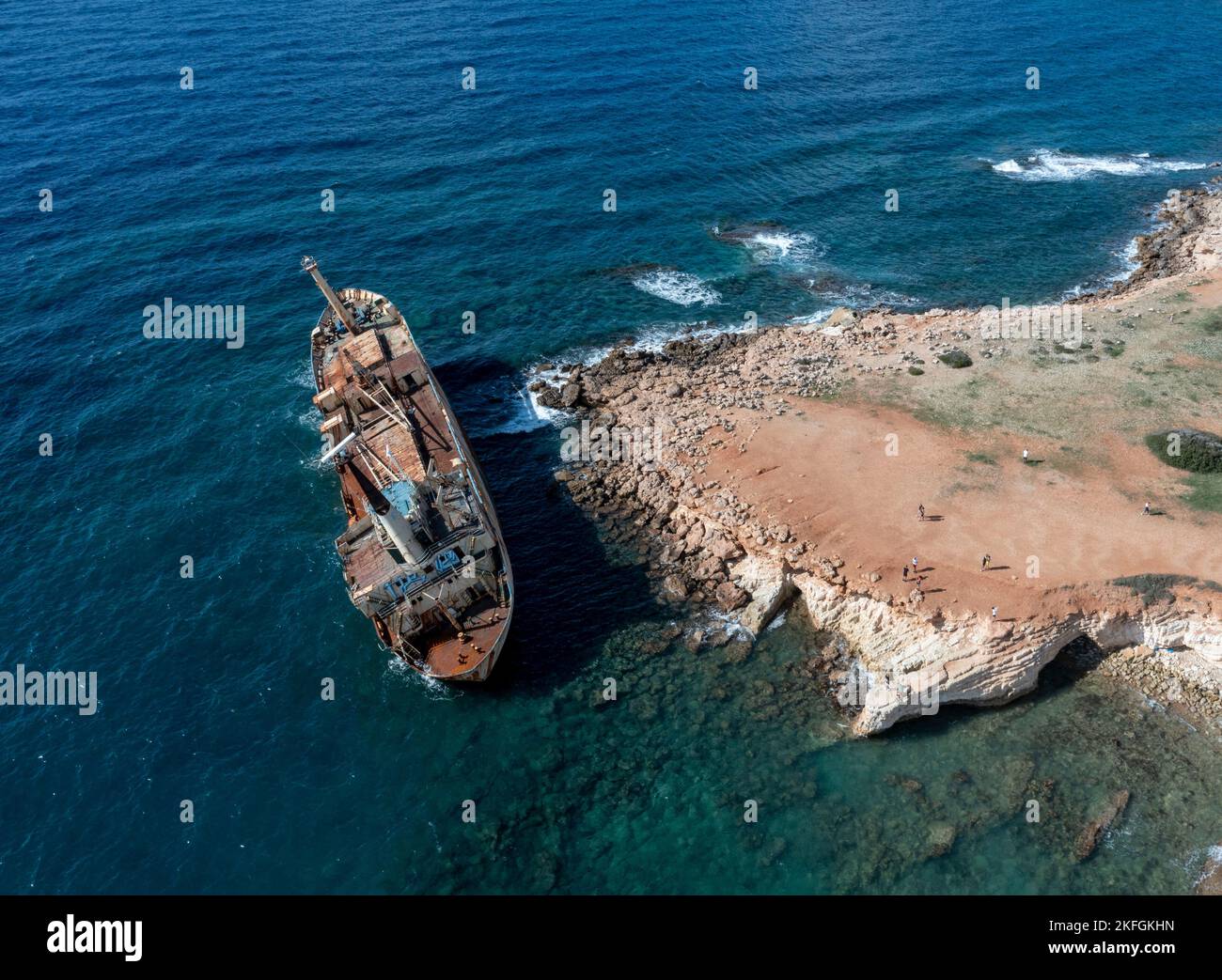 Aerial view of the Edro 111 shipwreck on the rocks near Peyia, Paphos, Cyprus. The ship run aground during a storm in December 2011. Stock Photo