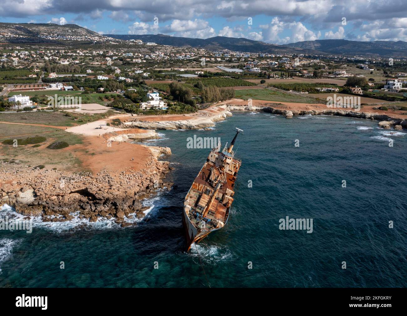Aerial view of the Edro 111 shipwreck on the rocks near Peyia, Paphos, Cyprus. The ship run aground during a storm in December 2011. Stock Photo