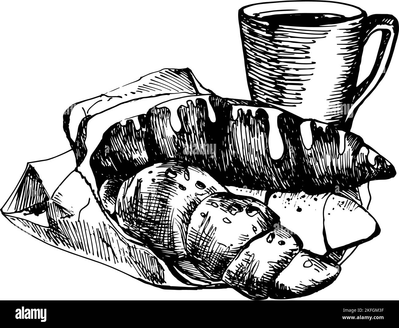 Hand Drawn Sketch of Croissants and Coffee Cup. Vintage Sketch. Great ...