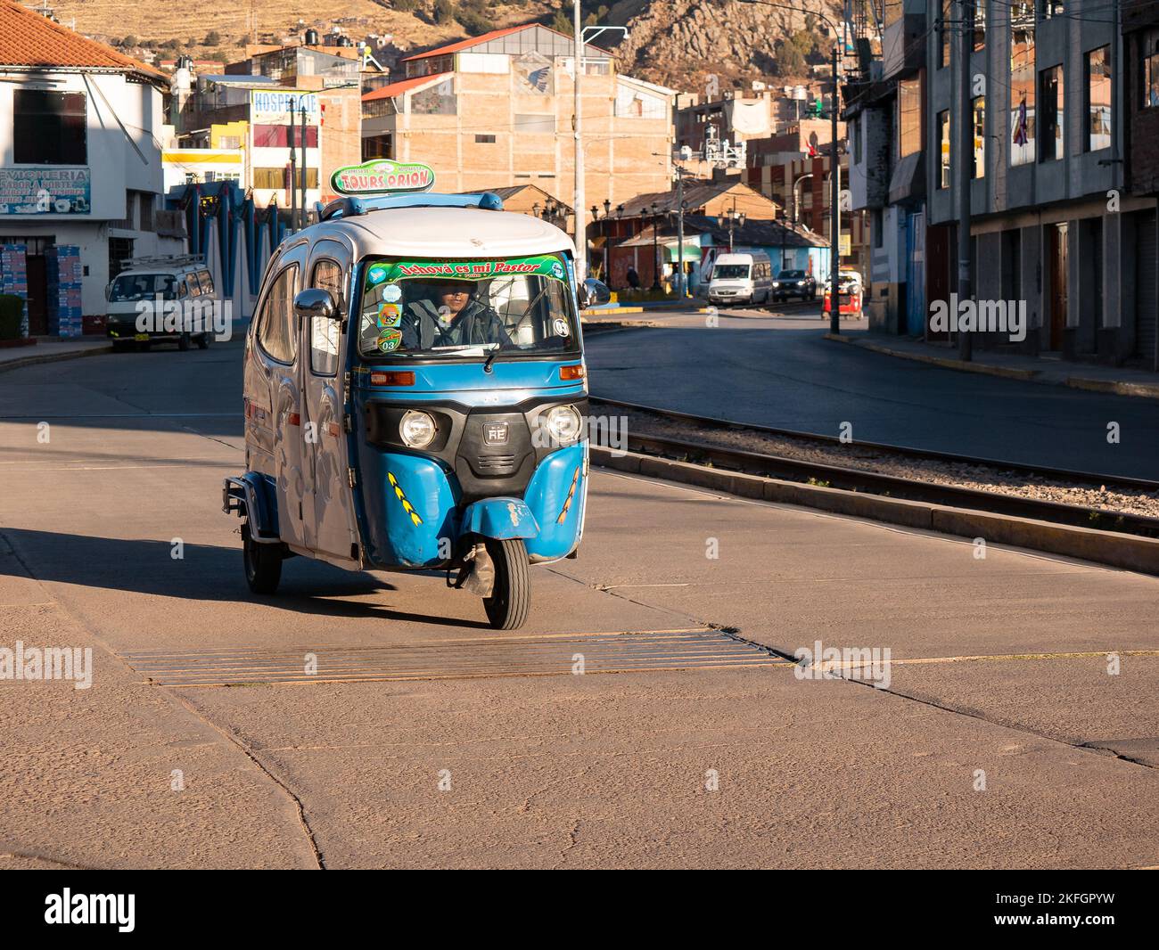 Puno, Peru - July 28 2022 - Blue and White Autorickshaw on Street near ...