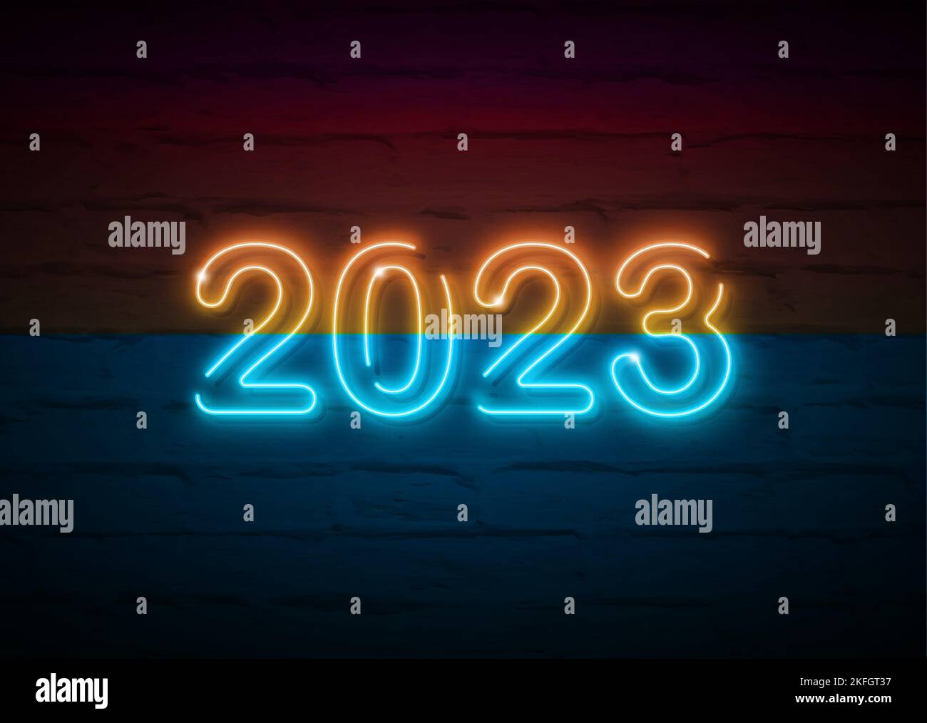 2023 New Year glowing colorful neon signboard on brick wall. Vector ...