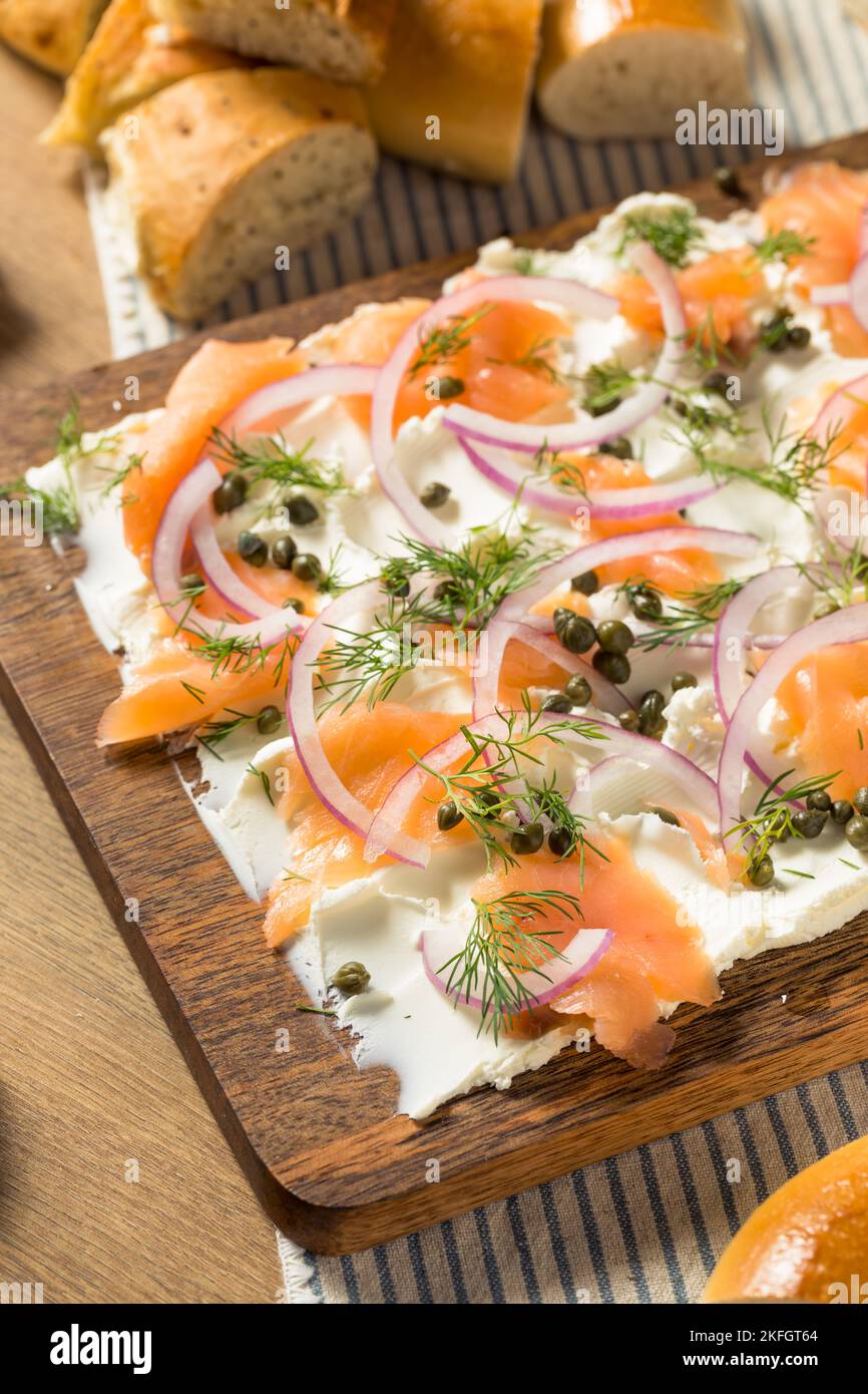Homemade Cream Cheese Lox Bagel Board for Breakfast with Salmon Stock