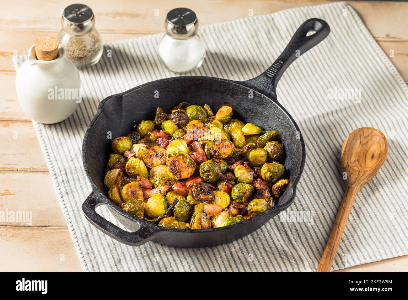 Homemade Sauteed Brussel Sprouts with Bacon and Olive Oil Stock Photo
