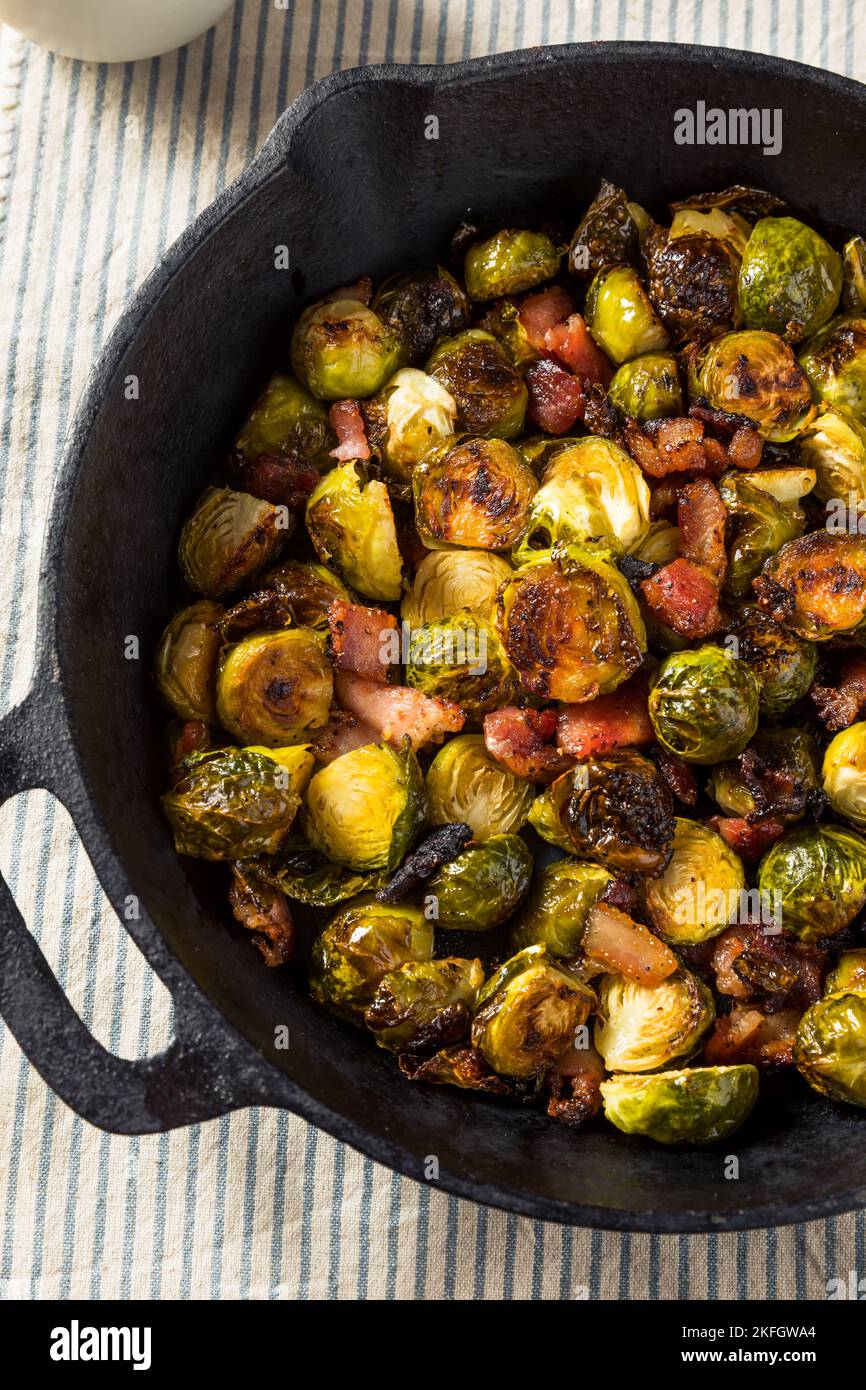 Homemade Sauteed Brussel Sprouts with Bacon and Olive Oil Stock Photo
