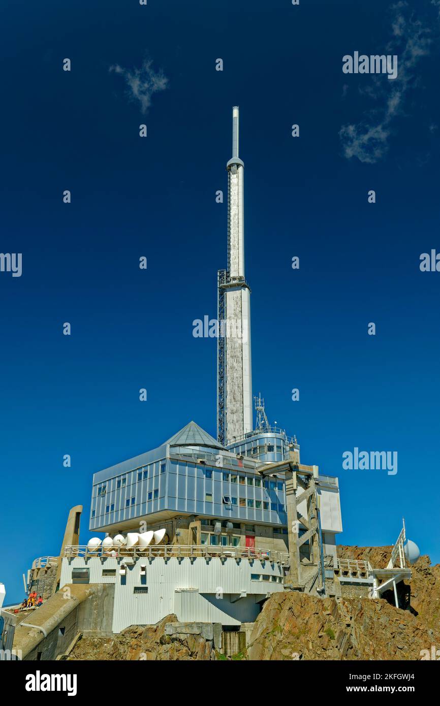 The Television Transmitter and Inter-Departmental building at the Pic du Midi de Bigorre in the Hautes-Pyrenees region of southern France. Stock Photo