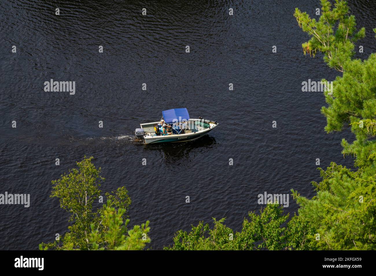 Boating on Fairy Lake - Viewed from Lions Lookout, Huntsville, Ontario, Canada - August 2021 Stock Photo