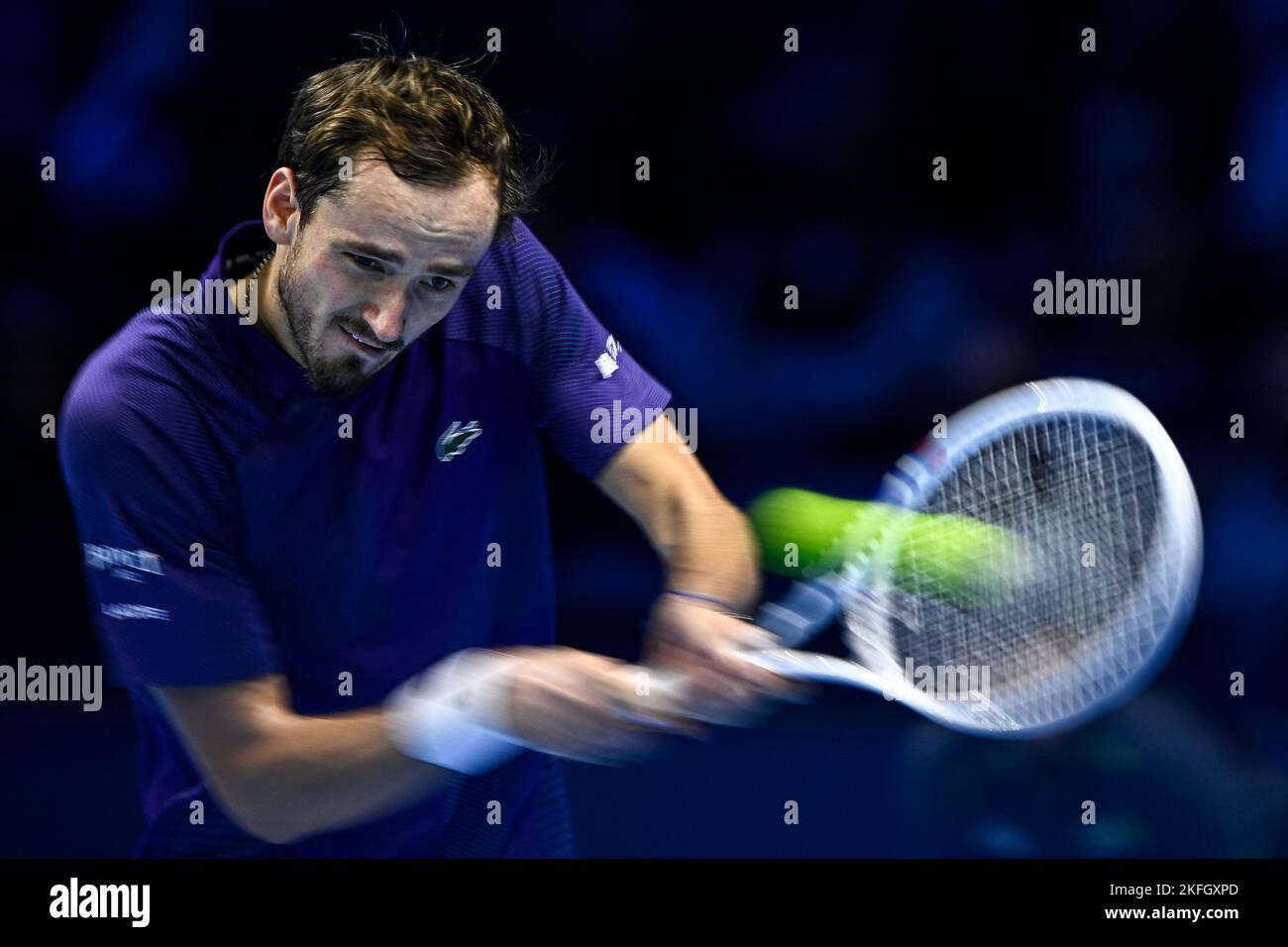 Turin, Italy. 18 November 2022. Daniil Medvedev of Russia plays a backhand shot during his round robin match against Novak Djokovic of Serbia during day six of the Nitto ATP Finals. Novak Djokovic won the match 6-3, 6-7(5), 7-6(2). Credit: Nicolò Campo/Alamy Live News Stock Photo