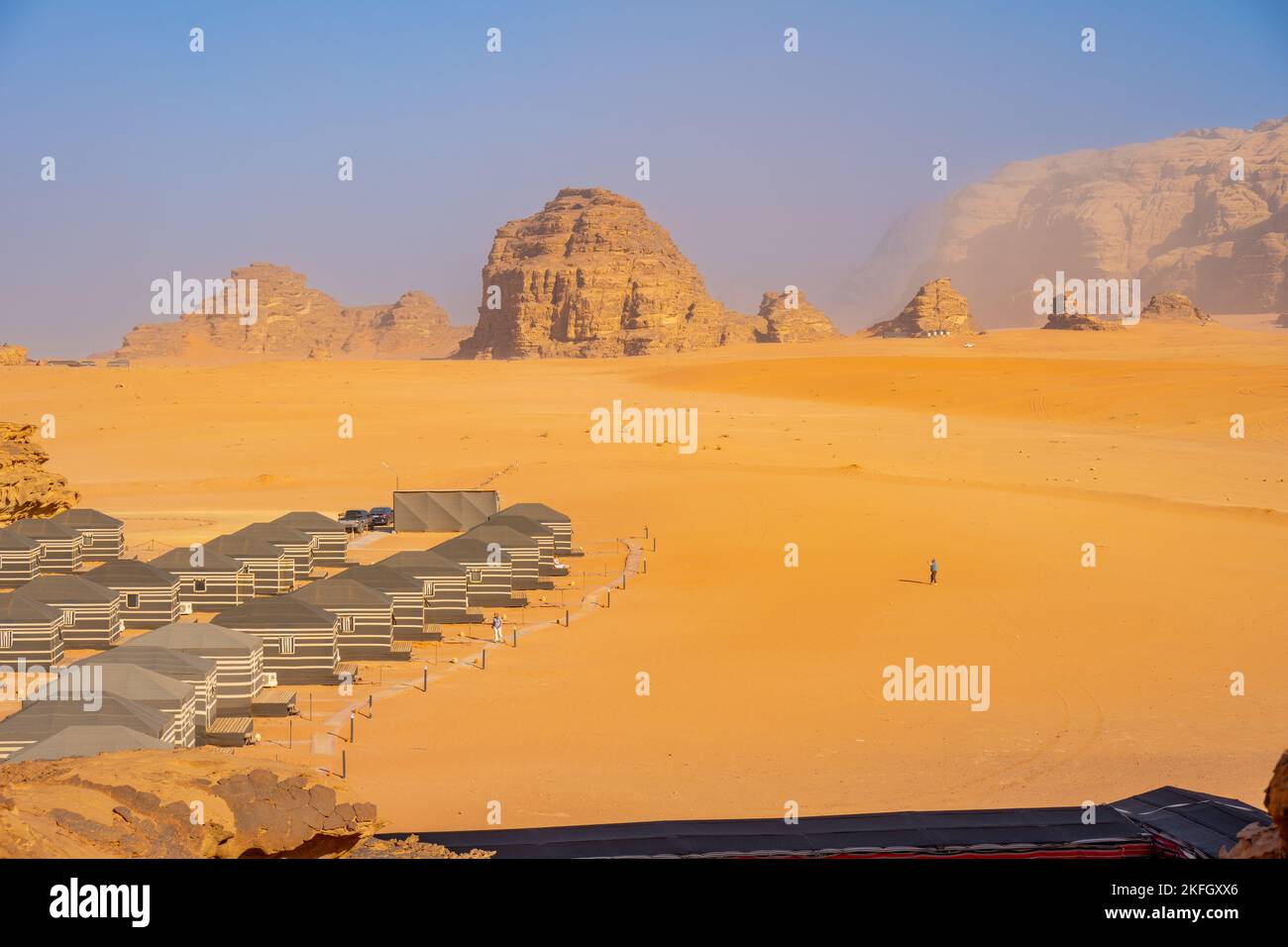 Looking down to Desert camp in Wadi Rum Jordan Stock Photo