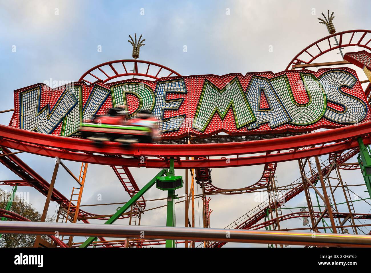 German made rollercoaster "Wilde Maus XXL" (wild mouse) at a fair, view