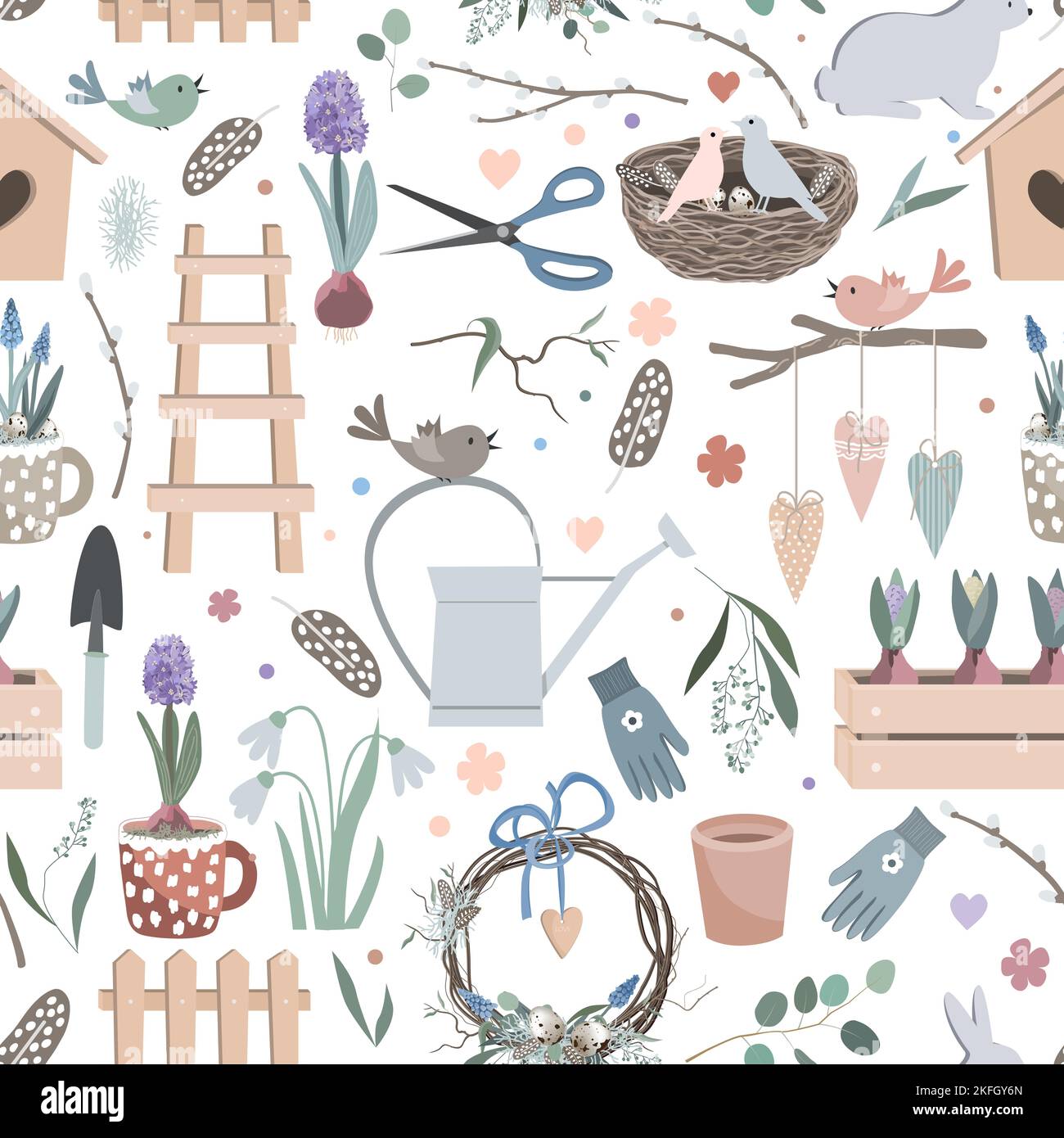 Gardening tools pattern, seamless Spring vector background. Cute hand drawn birds, nest, watering pot, seedling, gardening gloves and flowers. Stock Vector