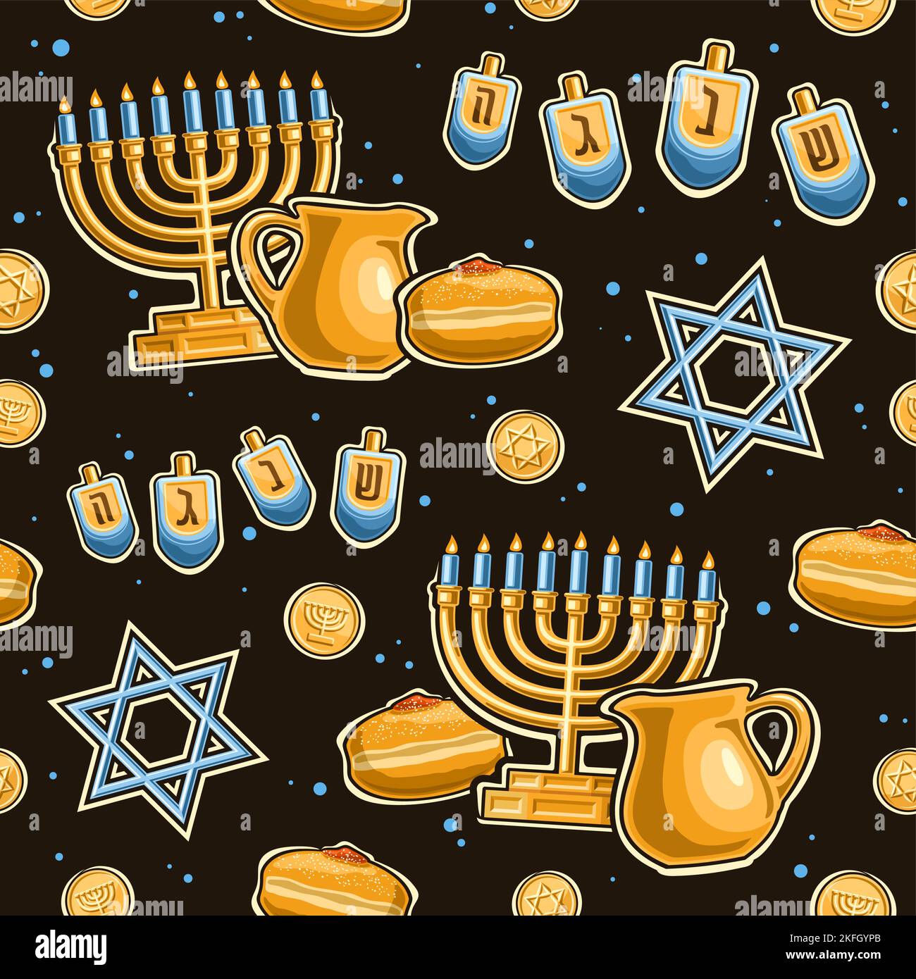 Vector Hanukkah seamless pattern, repeat background with illustrations of gold candle holder, 4 dreidels, sweet sufganiyah, blue star of David on blac Stock Vector