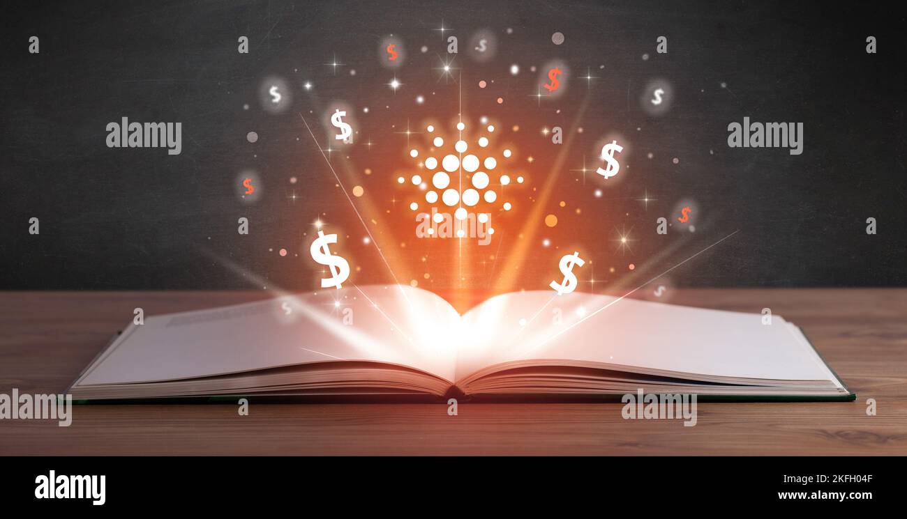 Open book with currency icons above Stock Photo - Alamy