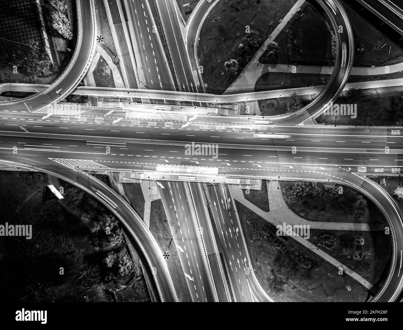 Aerial view Expressway motorway highway circus intersection at Night