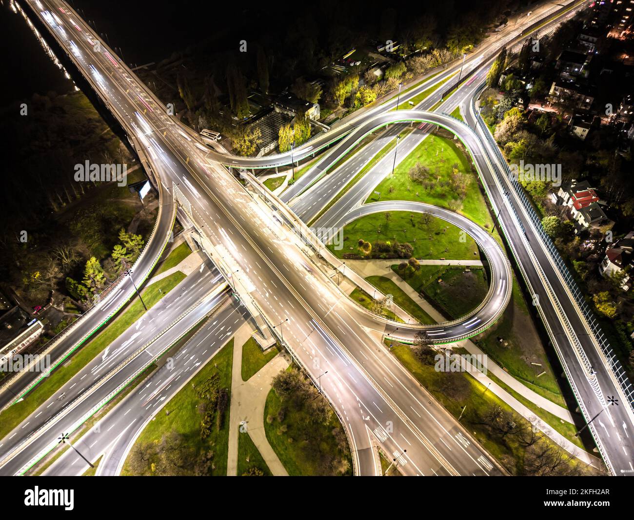 Motorway Intersection View Aerial view Expressway motorway highway circus intersection at Night ...